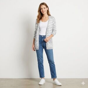 Calvin Klein Jeans Striped Open Front Cardigan Coastal Gray & White L/G Pockets